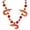 Necklace with shrimp and red and orange disco balls among white pearls.