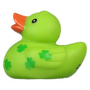 Green rubber duck with orange beak and clover patterns