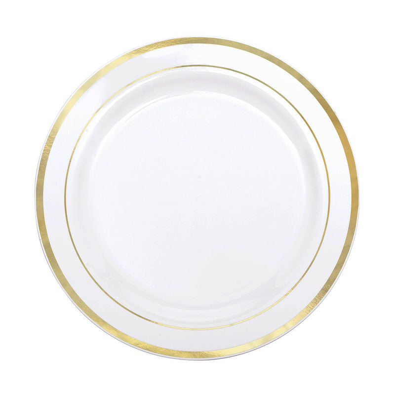 White Premium Plastic Round Plates with Gold Trim 7.5" (20 PACK)