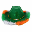 Green cowboy hat with shamrock and feather trim