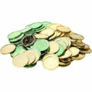 Pile of gold and green plastic coins