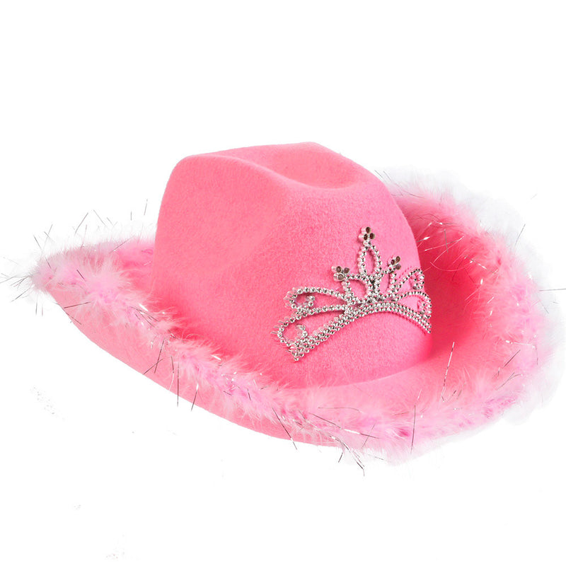 Light Up Tiara Pink Cowgirl Hat with Feathers