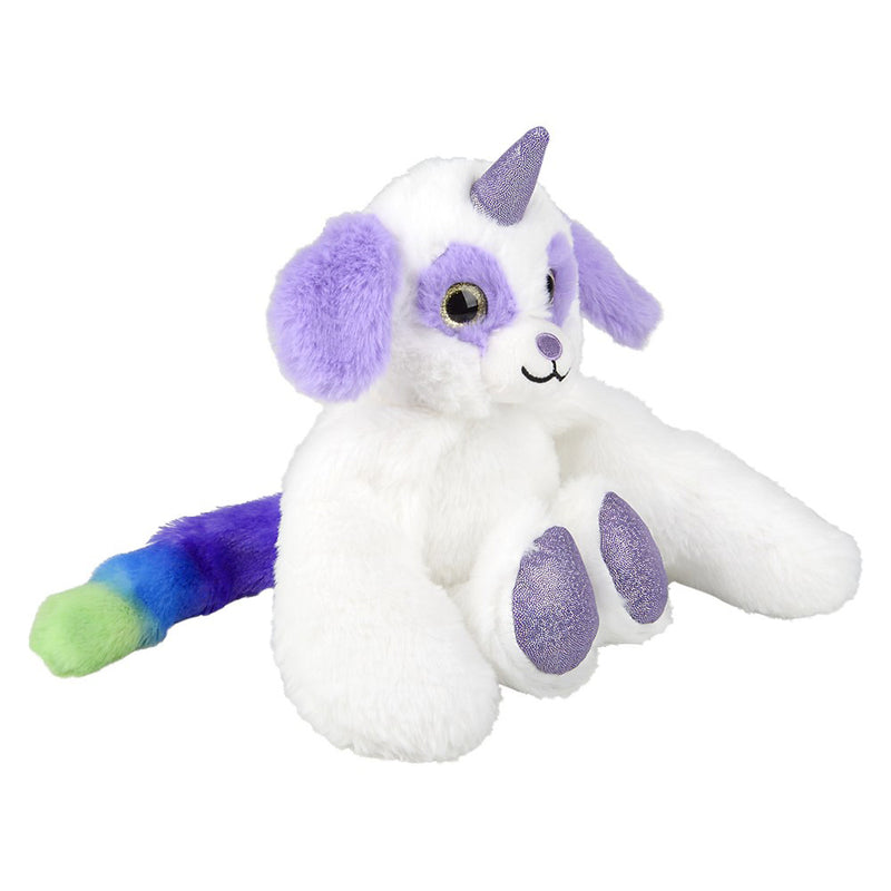 plush puppy dog with rainbow tail and unicorn horn side view