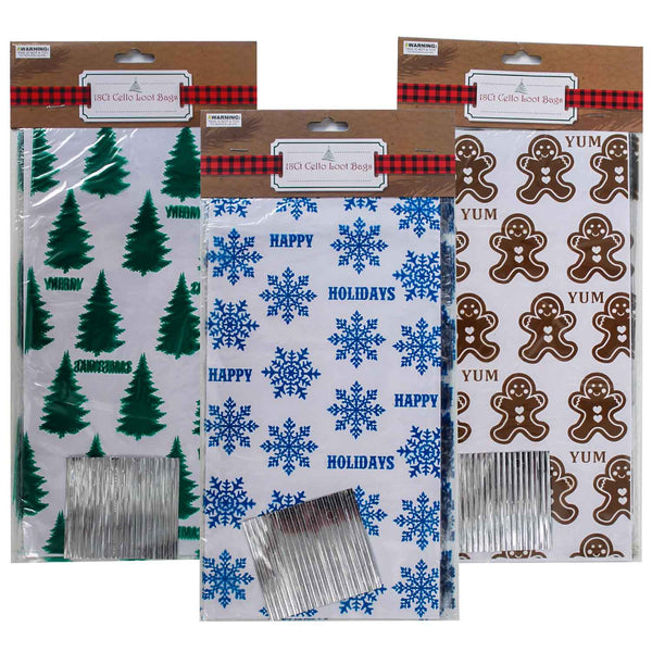 Jumbo Christmas Cello Loot Bags Assorted 12" (18 PACK)