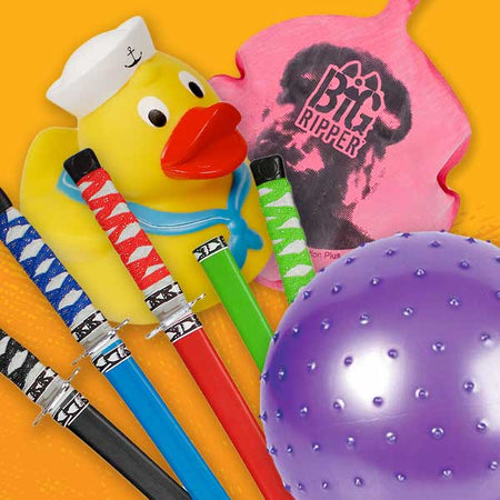 toys and novelties, rubber duck, ball, ninja swords and whoopie cushion