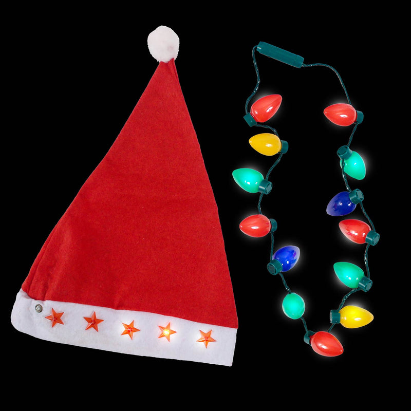 Light Up Santa Hat and Ornament Necklace Combo